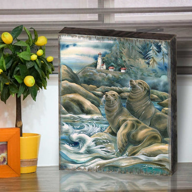 Lions of the Sea Lighthouse Caves Wooden Wall Art by J. Bergsma - Nature Wildlife Decor - 85922883B-JB