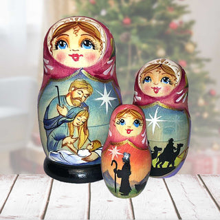 Story of Nativity Matreshka Nesting Hand-Painted Doll Set of 3 by G. DeBrekht - Nativity Decor - 110531
