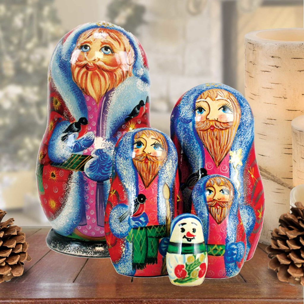 Santa Bird Lower Matreshka Nesting Hand-Painted Doll Set of 5 by G. DeBrekht - Christmas Santa Snowman Decor - 110071