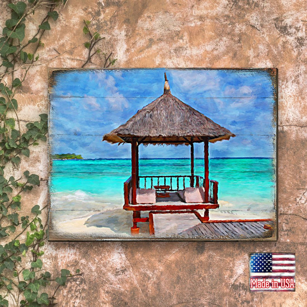 Beach Cabana Wood Wooden Coastal Wall Art by Nature Wonders - Coastal Sea-Life Decor - 95270B
