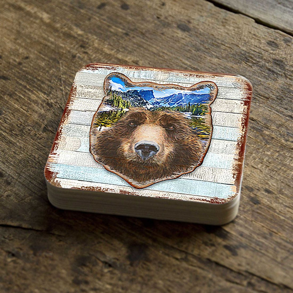 Bear Face Wooden Cork Coasters Gift Set of 4 by Nature Wonders - Nature Wildlife Decor - 8198214-4C-S4
