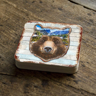 Bear Face Wooden Cork Coasters Gift Set of 4 by Nature Wonders - Nature Wildlife Decor - 8198214-4C-S4