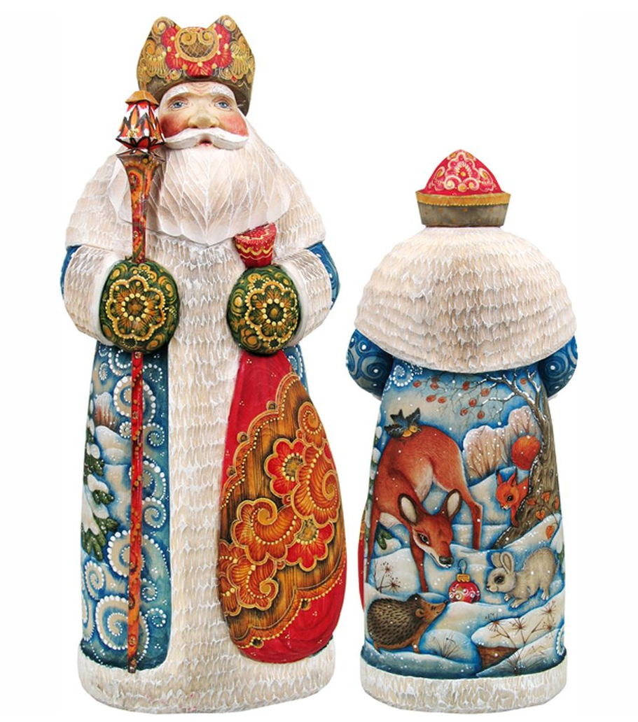 two colorful, intricately painted figurines of Santa Claus and a reindeer, both adorned with vibrant patterns and designs.
