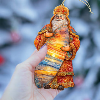 Santa's Tropical Surf Ride Wooden Ornaments by G. Debrekht - Christmas Santa Snowman Decor - 8691413