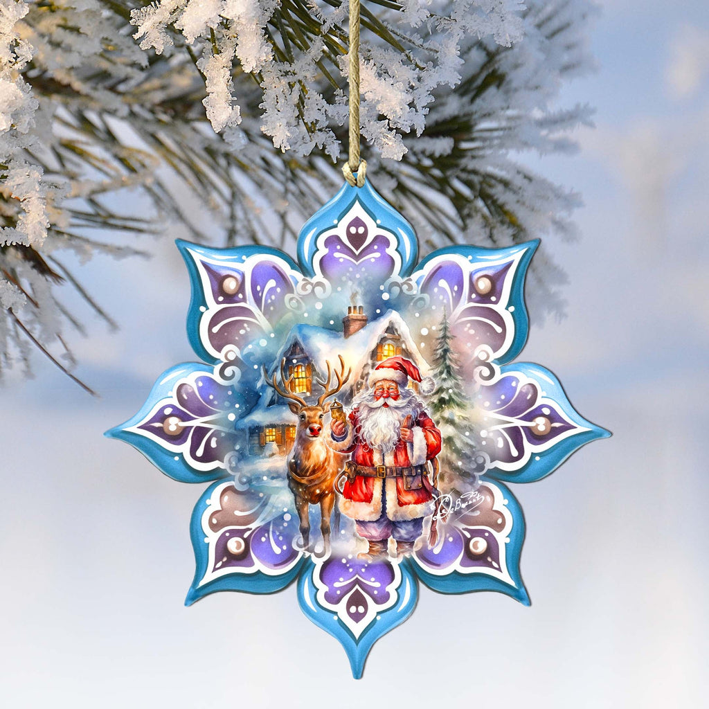 Santa with Reindeer Snowflake Large Wooden Ornament by G. Debrekht - Christmas Santa Snowman Decor - 8688405M