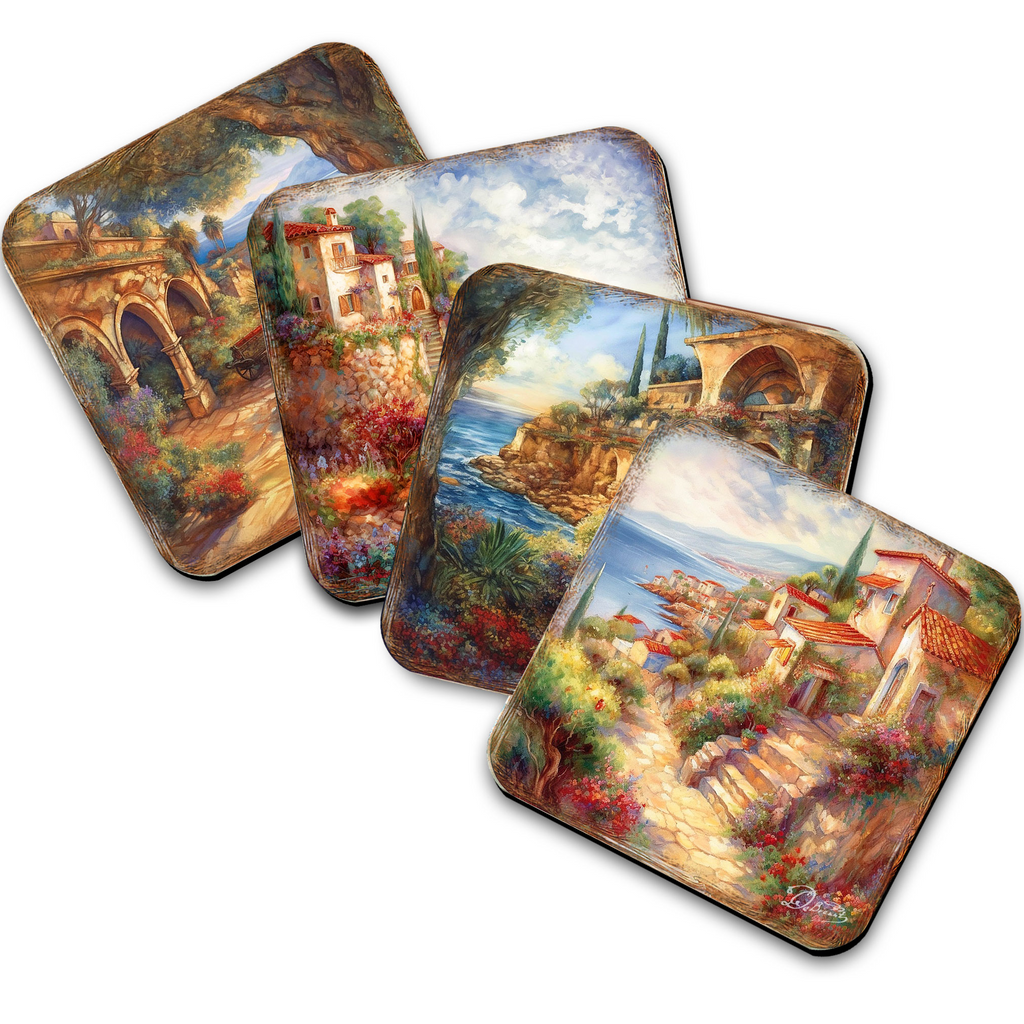 four square coasters with various landscape scenes, including buildings, water, and natural elements.
