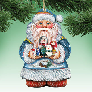 A colorful ornament of Santa Claus holding a Christmas tree and various ornaments, including a snowman and a reindeer, against a green background.