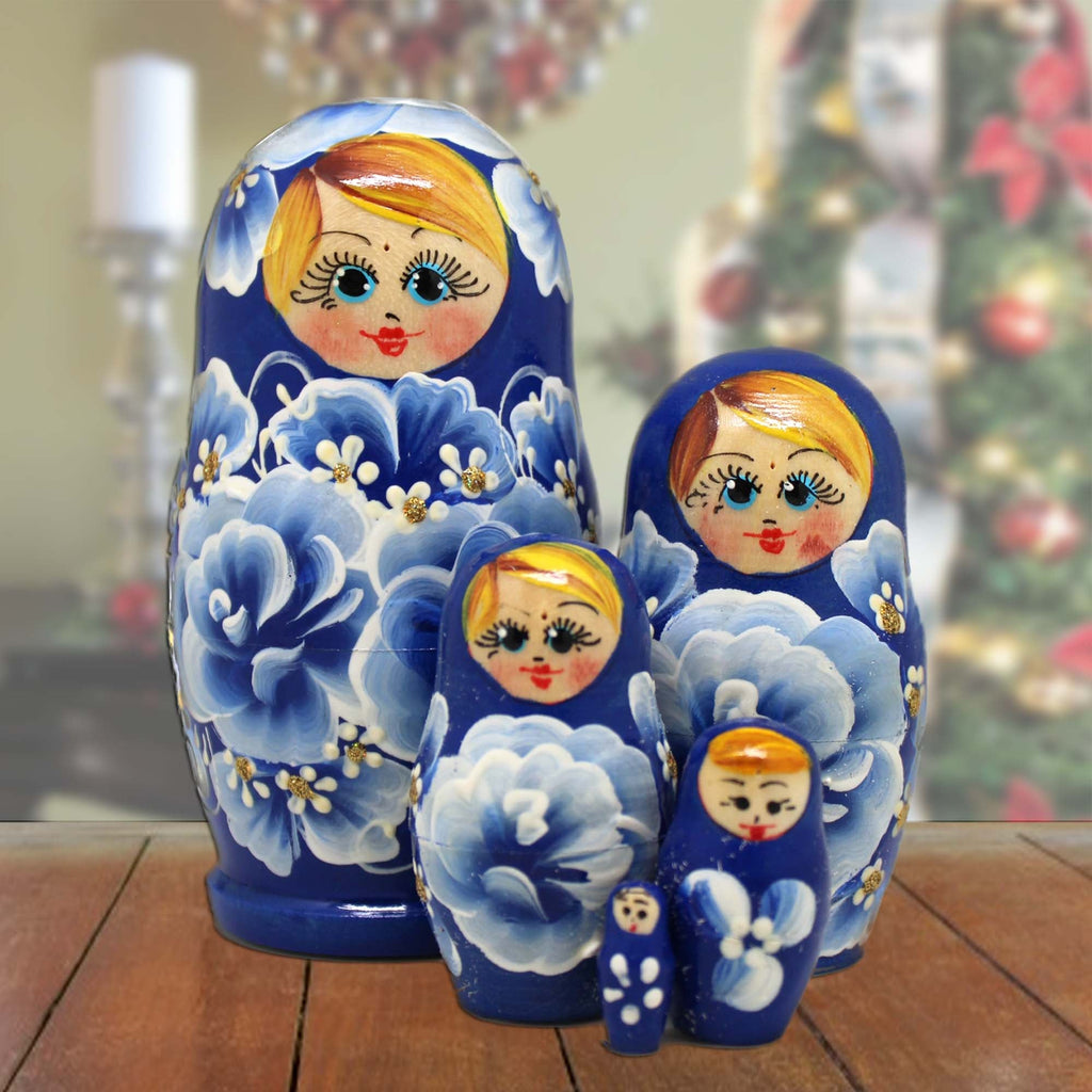 Fine China Blue Matreshka Nesting Hand-Painted Doll Set of 5 by G. DeBrekht - Christmas Decor - 140132-2