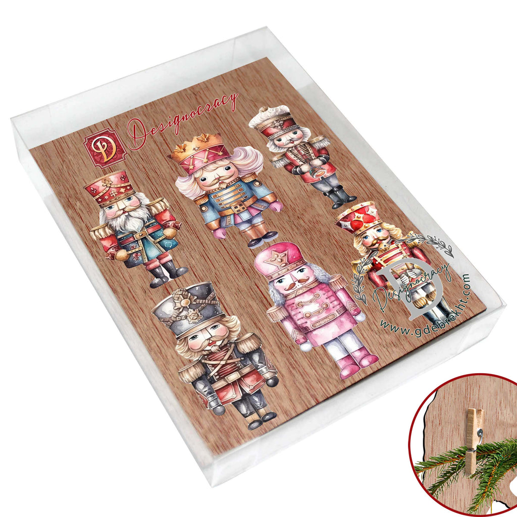 Nutcrackers Clip-On Eco Wood Decorative Ornaments Set of 6 by G. Debrekht - Christmas Decor - 8090008C-S6