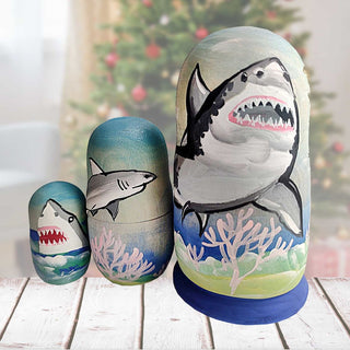 Shark Matreshka Nesting Hand-Painted Doll Set of 3 by G. DeBrekht - Coastal Holiday Decor - 14771