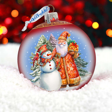 Santas Frosty Friend Lg Glass Ornament by G.Debrekht - Christmas Santa Snowman Decor - 73941