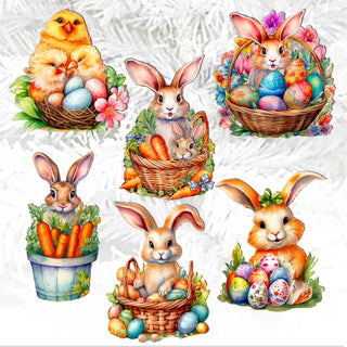 Eggs and Bunnies Clip-On Eco Wood Decorative Ornaments Set of 6 by G. Debrekht - Easter Decor - 8090057C-S6