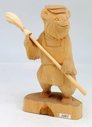 One-of-a-Kind Bear with a Broom Wood Carved Figurine 6.5