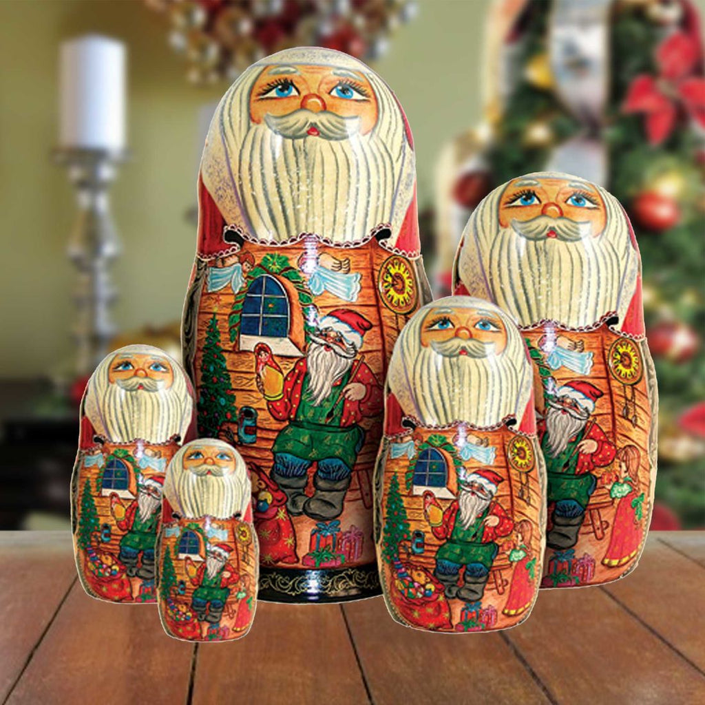 Christmas Workshop Matreshka Nesting Hand-Painted Doll Set of 5 by G. DeBrekht - Christmas Santa Snowman Decor - 110112