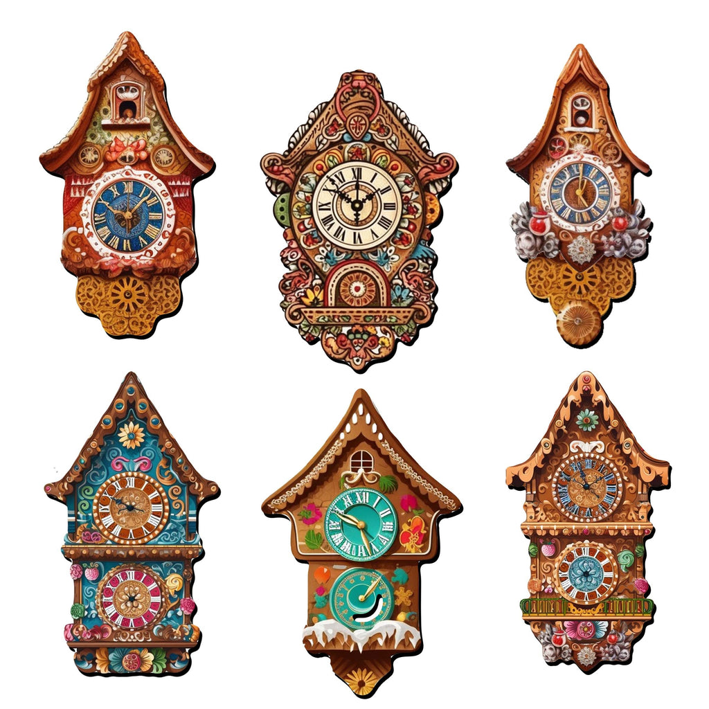 Miniature clock Decorative Eco Wood Magnets Set of 6 by G. Debrekht - Christmas Decor - 8090020G-S6