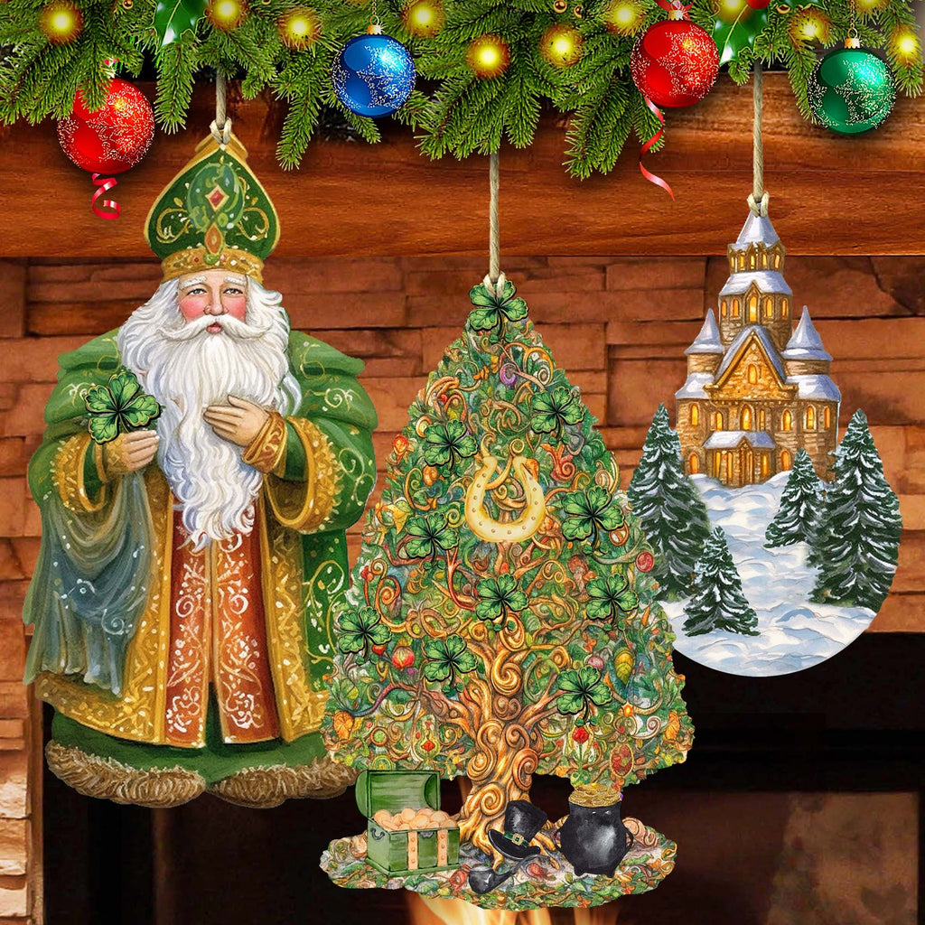 Santas Around the World - Irish Inspired Santa - Eco Wood Ornaments Set of 3 by G. DeBrekht Christmas Santa Snowman Decor - 8091306S3