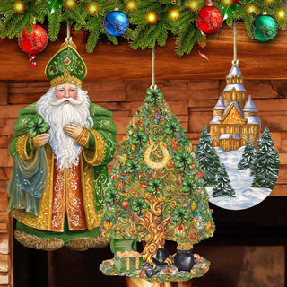 Santas Around the World - Irish Inspired Santa - Eco Wood Ornaments Set of 3 by G. DeBrekht Christmas Santa Snowman Decor - 8091306S3