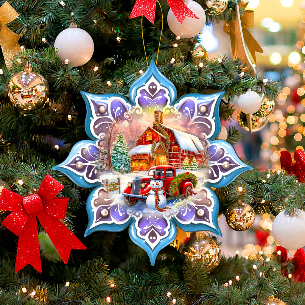 Christmas Red Barn Snowflake Large Wooden Ornament by G. Debrekht - Christmas Decor - 8688429M