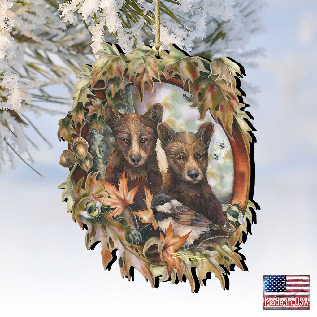 Simple Joys Black Bear Cubs Bees Wooden Ornaments by J. Bergsma - Wildlife Holiday Decor - 8591850-JB