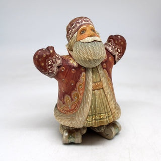 One-of-a-Kind Santa on Skis WOODCARVED Figurine 6.5x3.5x5 by GDeBrekht - Unique Handcrafted and Hand-Painted Collectible