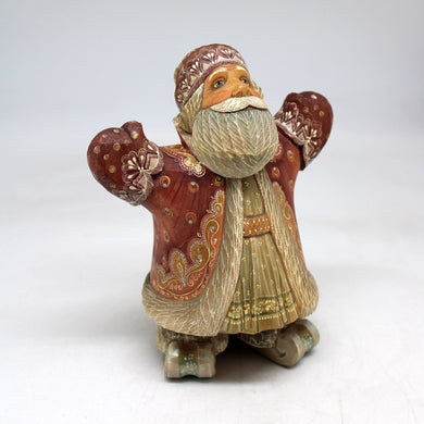 One-of-a-Kind Santa on Skis WOODCARVED Figurine 6.5x3.5x5 by GDeBrekht - Unique Handcrafted and Hand-Painted Collectible