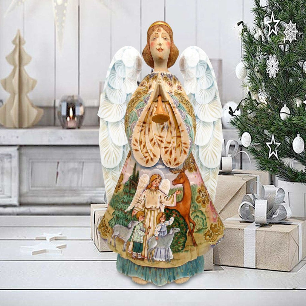 Angel Watching Over Hand-Painted WOODCARVED Masterpiece by G. DeBrekht - Nativity Holiday Decor - 250042 *** PRE-ORDER - Handmade Just for You! ***