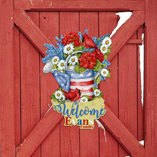 Personalized Custom Front Door Sign Patriotic Decoration with American Watering Can Family Name Welcome Sign Handmade Gift Rustic Adornment for Wooden Front Porch Decor by Susan Winget - 8471212HC-SW