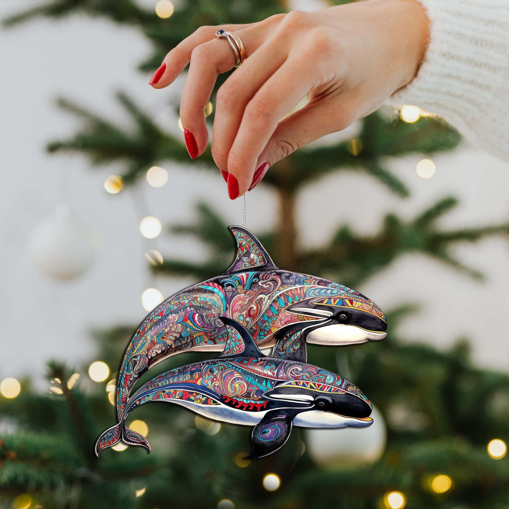 Alaskan Mysterious Orcas Wooden Ornaments by G.Debrekht - Wildlife Holiday Decor - 8710107-1