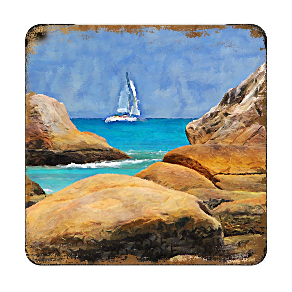 Sailboat Coastal Wooden Cork Coasters Gift Set of 4 by Nature Wonders - 95274C-S4