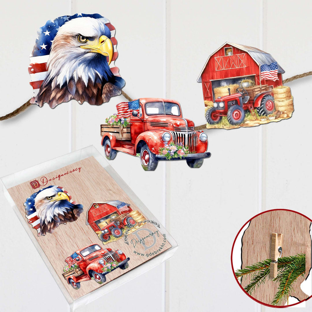 American flag Clip-On Eco Wood Decorative Ornaments Set of 3 by G. Debrekht - Patriotic Decor - 8091002C-S3