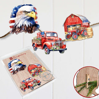 American flag Clip-On Eco Wood Decorative Ornaments Set of 3 by G. Debrekht - Patriotic Decor - 8091002C-S3