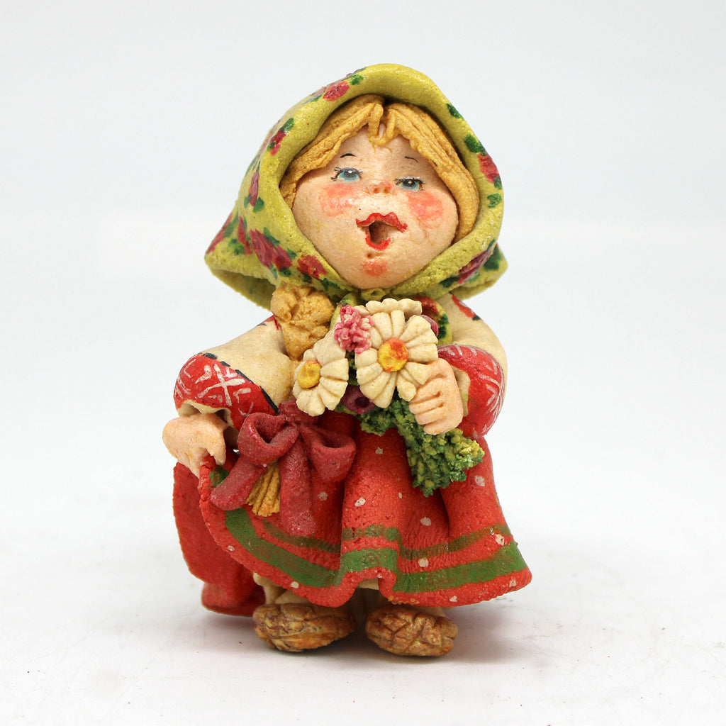 One-of-a-Kind Little Girl with a Flowers - Handmade Clay Figurine - Unique Gift- Folk Art Collectibles Handcrafted Treasures