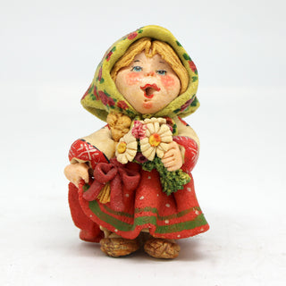 One-of-a-Kind Little Girl with a Flowers - Handmade Clay Figurine - Unique Gift- Folk Art Collectibles Handcrafted Treasures
