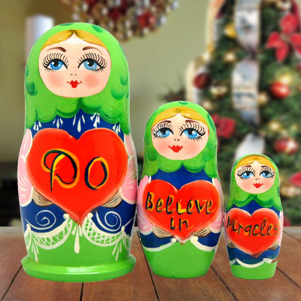 Do Believe in Miracles Matreshka Nesting Hand-Painted Doll Set of 3 by G. DeBrekht - Love Family Kids Decor - 14708