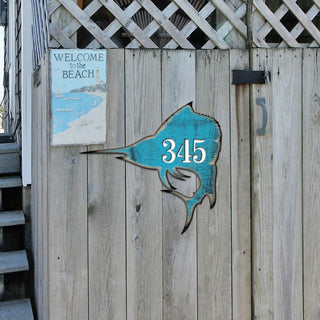 Swordfish Coastal Personalized House Number Sign by G. Debrekht - Coastal Sea-Life Decor - Handcrafted Wooden Handcrafted Wooden Handcrafted Wooden Address Sign - MA98549