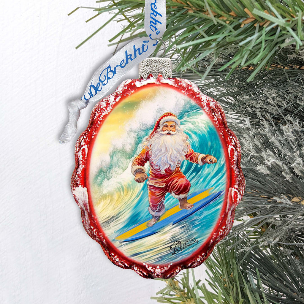 Coastal Christmas Ornaments Santa on the Surfboard Keepsake Glass Ornaments by G. Debrekht - Coastal Holiday Decor - 777392