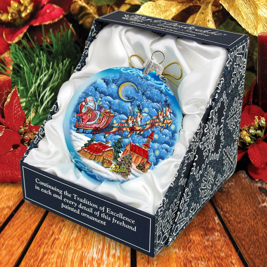 Sleighing in the Night Skies Glass Ornament Limited Edition by G. DeBrekht - Christmas Santa Snowman Decor - 73904