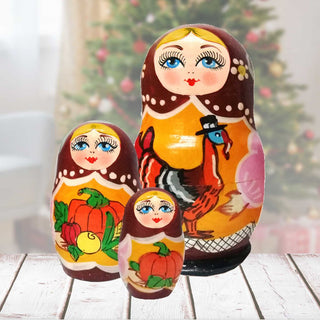 Thanksgiving Matreshka Nesting Hand-Painted Doll Set of 3 by G. DeBrekht - Thanksgiving Halloween Decor - 14718