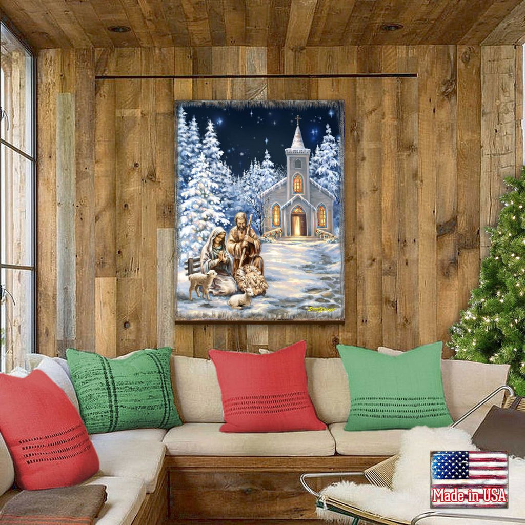 Nativity at the Chapel Night Sky Wooden Wall Art by D. Gelsinger - Nativity Holiday Decor - 95672B-DG