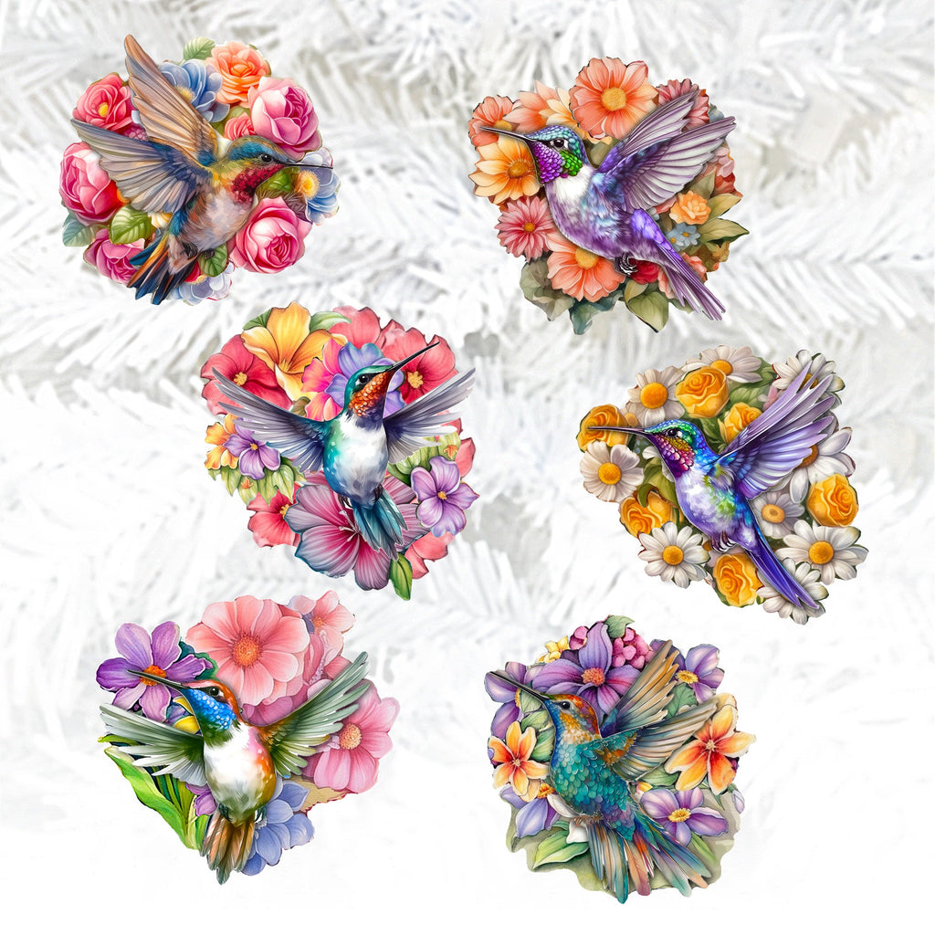 Hummingbirds Clip-On Eco Wood Decorative Ornaments Set of 6 by G. Debrekht - Easter Spring Decor - 8090140C-S6