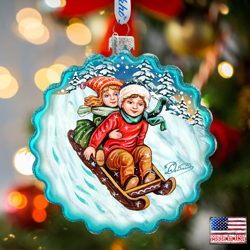 Kids Happy Sledging Wreath Glass Ornament by G. DeBrekht - Christmas Decor - 759-045