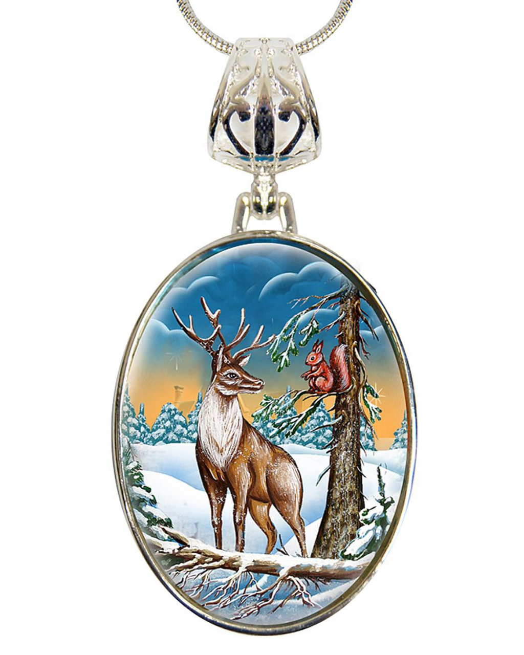 A silver pendant necklace with a circular design featuring a deer standing in a snowy forest with a squirrel perched on a tree branch.
