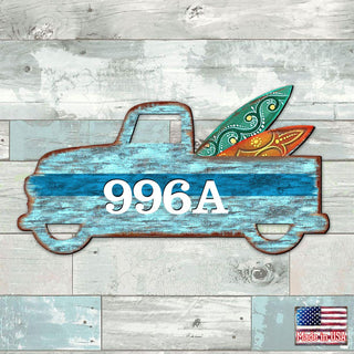 Surfer Truck Surfboards Personalized House Number Sign by G. Debrekht - Coastal Sea-Life Decor - Handcrafted Wooden Handcrafted Wooden Handcrafted Wooden Address Sign - MA8698554