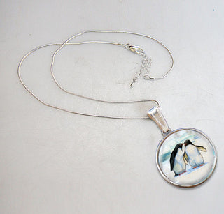 Penguins in Love Silver Plated Mother of Pearl Jewelry Pendant Necklace - 44033