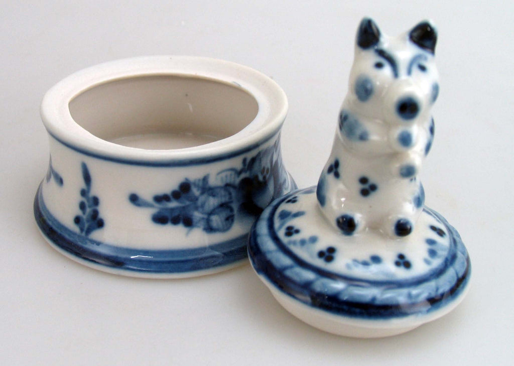 Little Blue Pig Harvest Gzhel Bowl Box with Lid Hand-Painted Fine Porcelain by G DeBrekht, Unique Hand Carved Gift