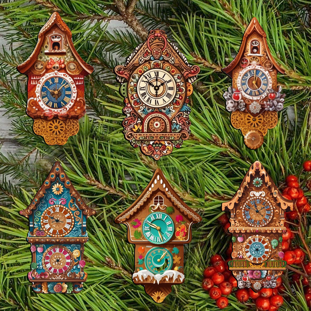 Miniature clock Clip-On Eco Wood Decorative Ornaments Set of 6 by G. Debrekht - Christmas Decor - 8090020C-S6
