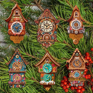 Miniature clock Clip-On Eco Wood Decorative Ornaments Set of 6 by G. Debrekht - Christmas Decor - 8090020C-S6