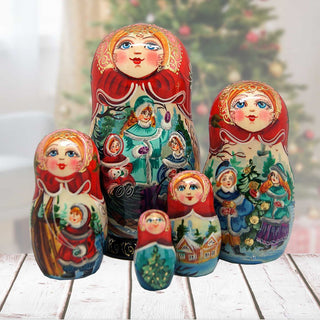 Happiest of The Holidays Matreshka Nesting Hand-Painted Dolls Set of 5 by G. DeBrekht - Christmas Decor - 110173