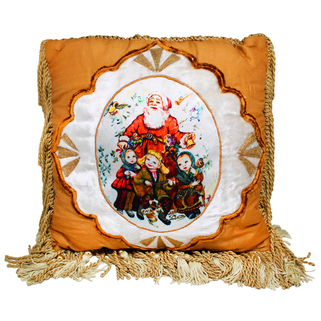 Christmas Story Santa Pillow with Insert - Handmade Tapestry from Velvet and Silk Hand-Embroidered with Gold 12x12 Inches by G. Debrekht - Unique Handcrafted Home Decor