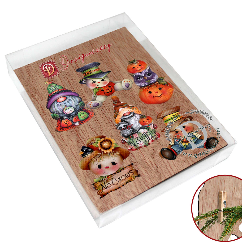 Hello Fall - Pumkin, Scarecrow, Gnome Clip-On Eco Wood Decorative Ornaments Set of 6 by Jamie Mills-Price - Thanksgiving Decor - 8090047C-MP-S6